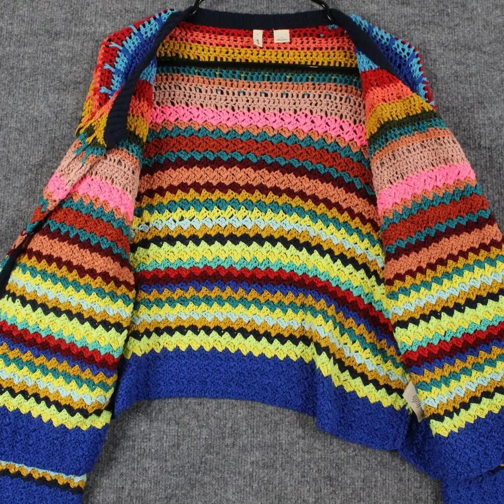 Moth Sweater Small Betty Knit Cardigan Multicolor Crochet Open Knit Boho Artsy - Picture 9 of 15